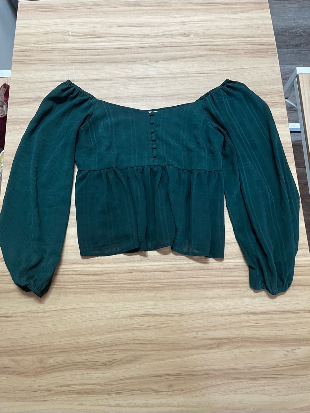 Dark Teal Sheer Balloon Sleeve Peplum Blouse